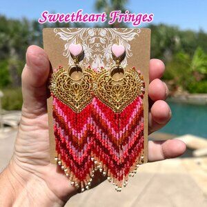 Handmade Beaded Long Fringe Dangle Drop Lightweight Sweetheart Post Earrings